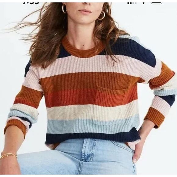 Madewell Thompson Heather Fawn Pocket Rainbow Stripe Pullover Sweater Size Small - Picture 1 of 13